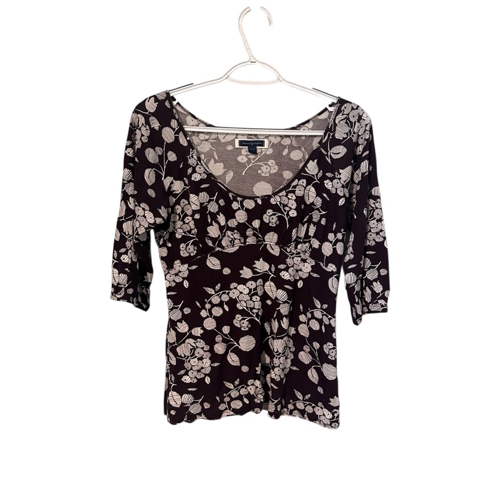 American Eagle Women's Dark Plum Babydoll Style 90s Quarter Sleeve Shirt Medium